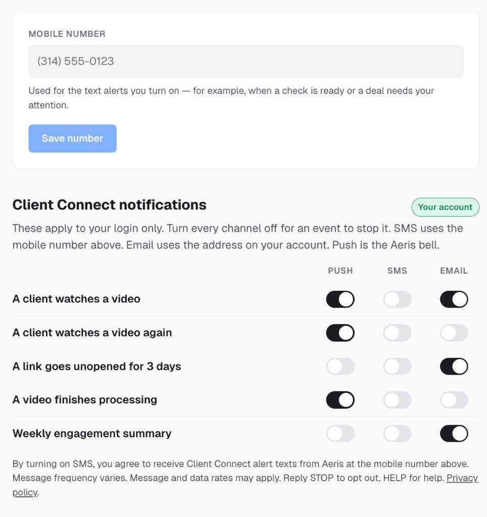 Aeris Settings → Notifications: a mobile number field, Client Connect alert switches for push, SMS, and email with every SMS switch off, and the SMS consent text with a Privacy policy link.